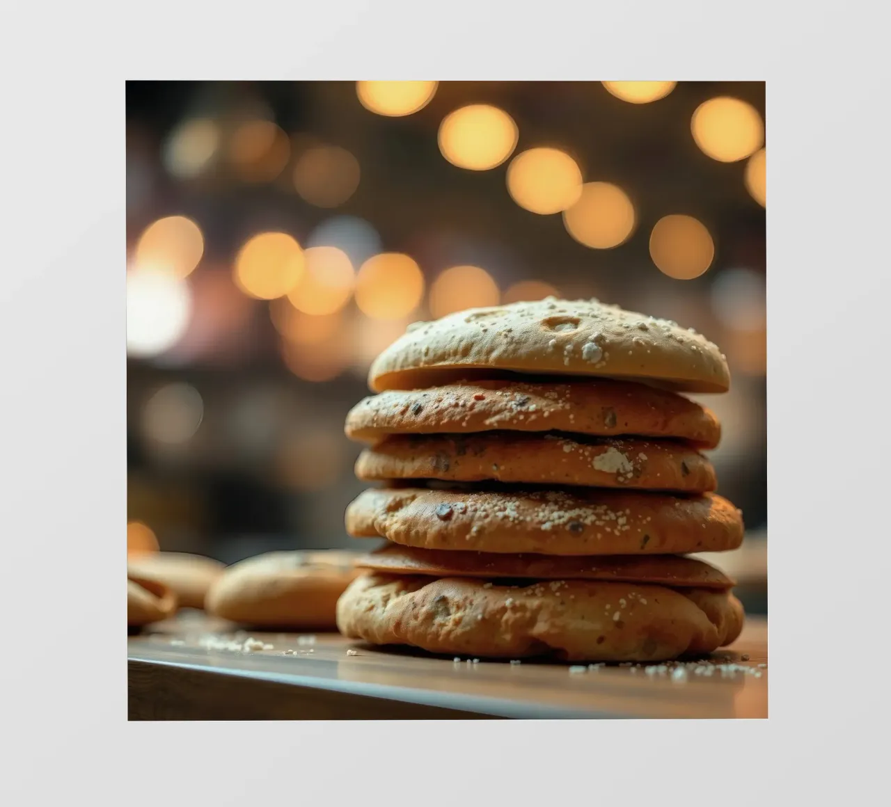 Freshly baked bread rolls stacked on a wooden surface backlit film by DesignDoodle
