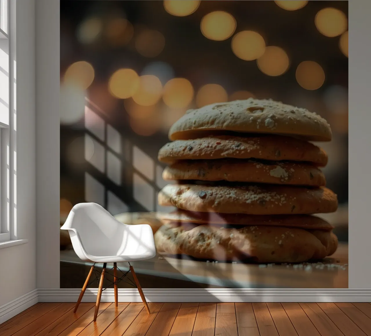 Freshly baked bread rolls stacked on a wooden surface photo wallpaper by DesignDoodle