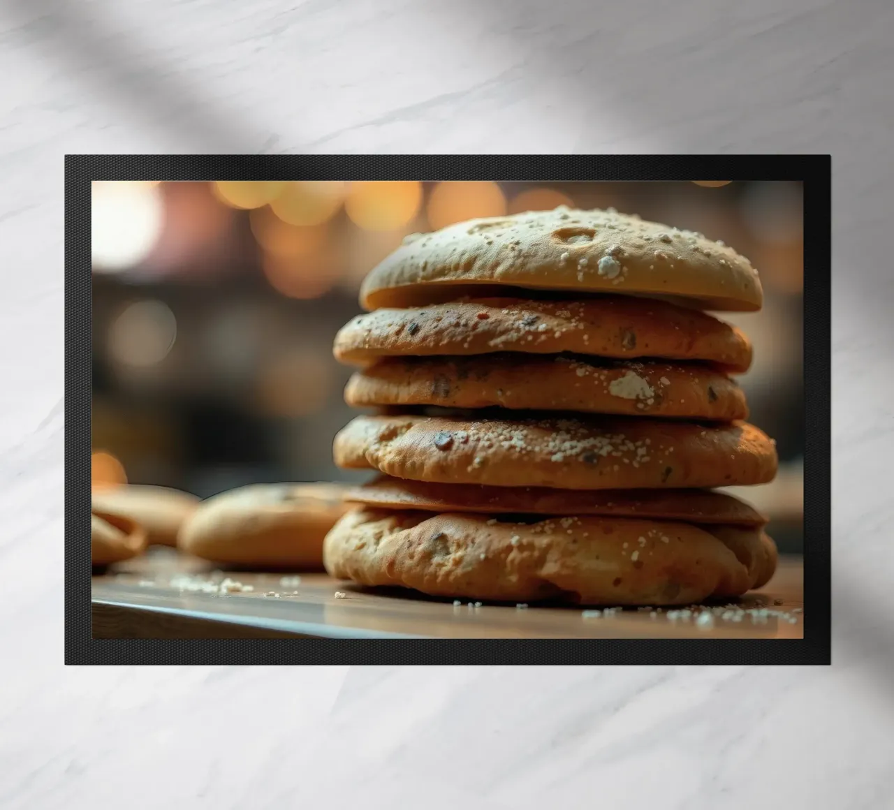 Freshly baked bread rolls stacked on a wooden surface doormat by DesignDoodle