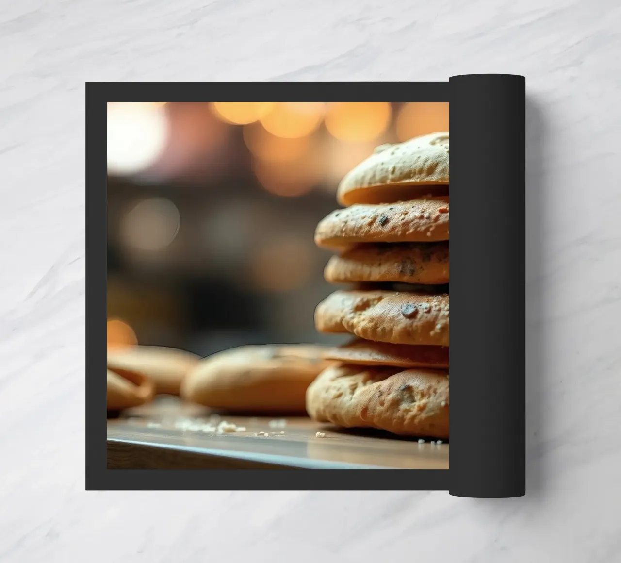 Freshly baked bread rolls stacked on a wooden surface doormat by DesignDoodle