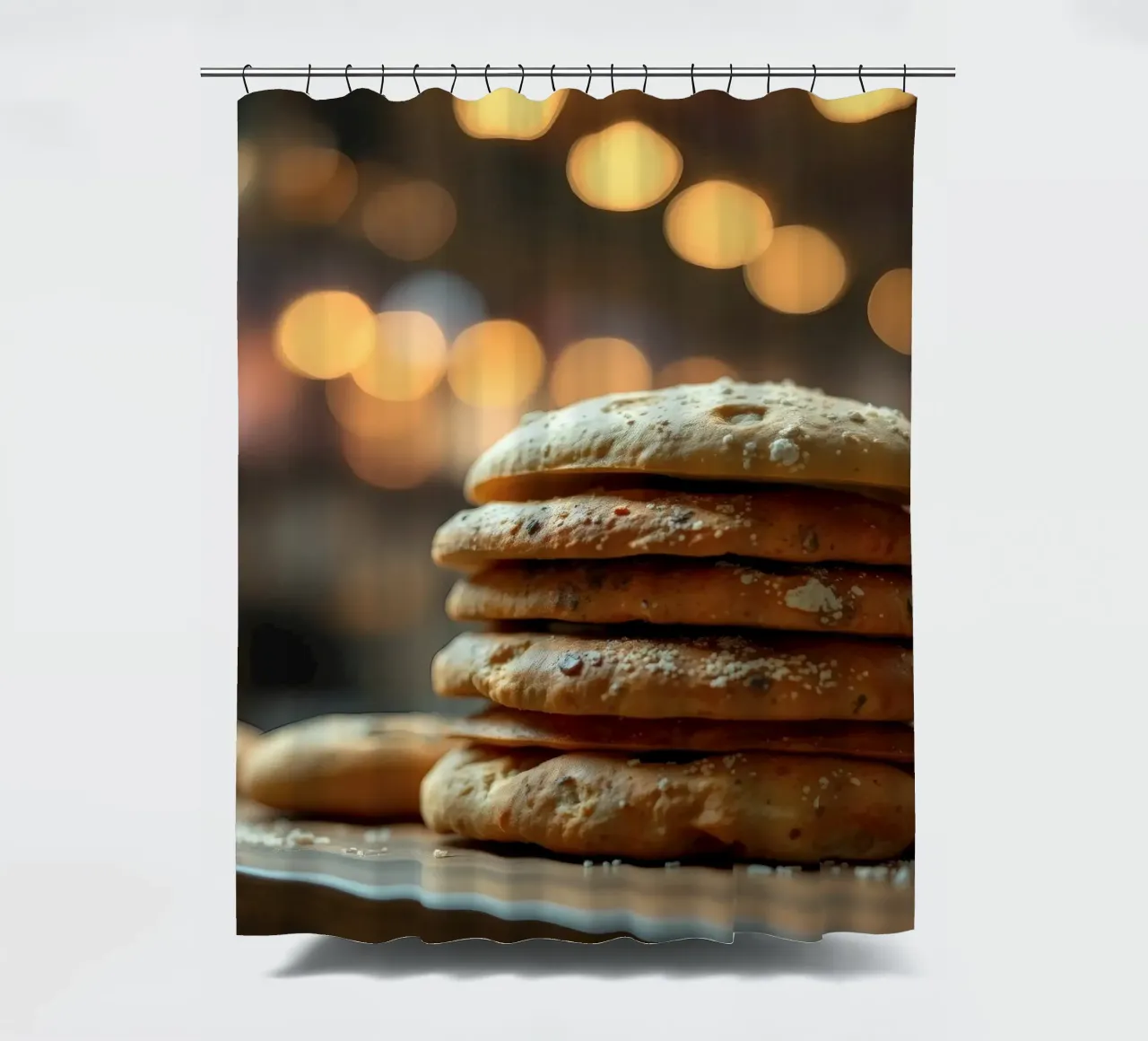 Freshly baked bread rolls stacked on a wooden surface shower curtain by DesignDoodle