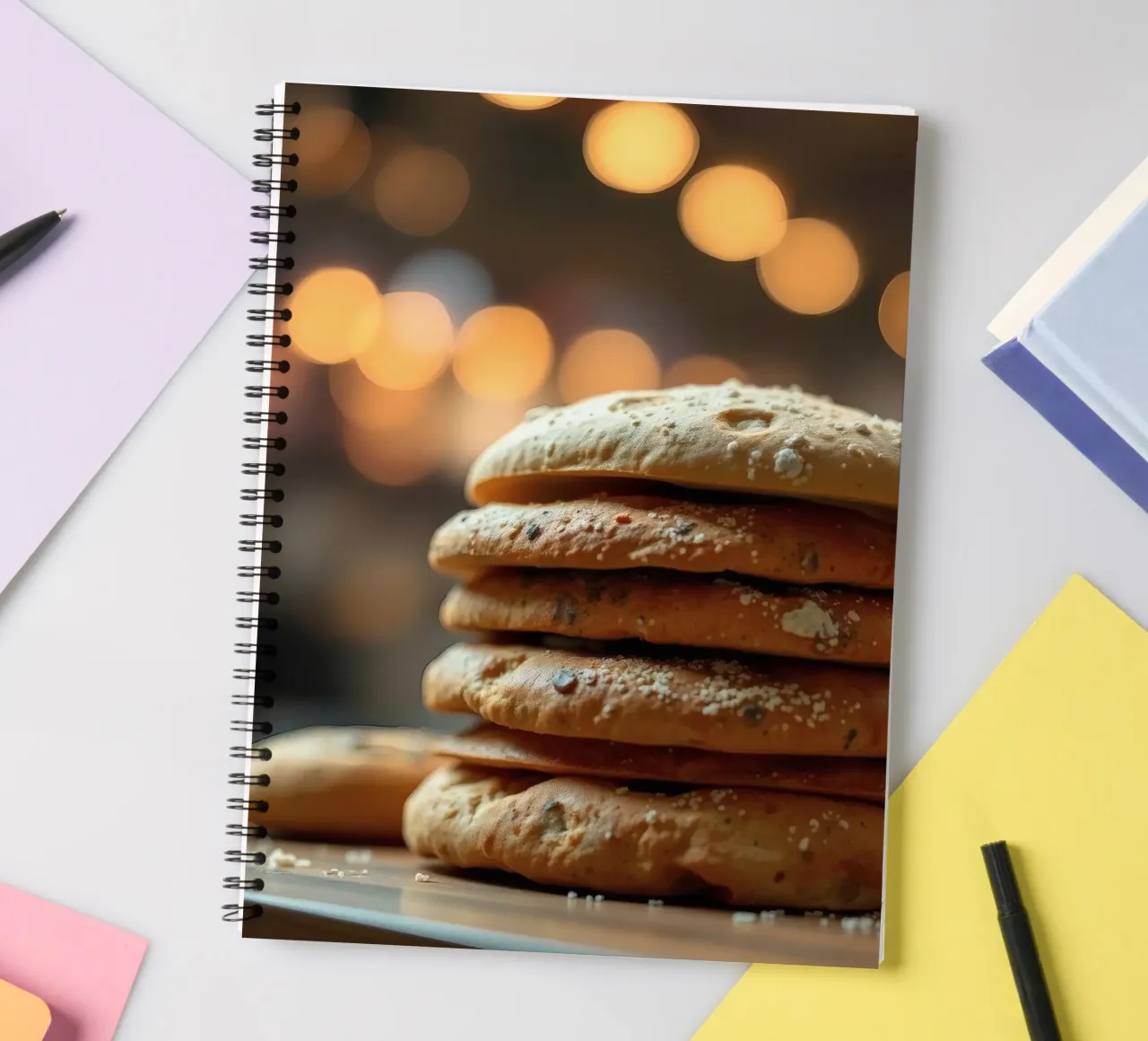 Freshly baked bread rolls stacked on a wooden surface spiral notebook by DesignDoodle