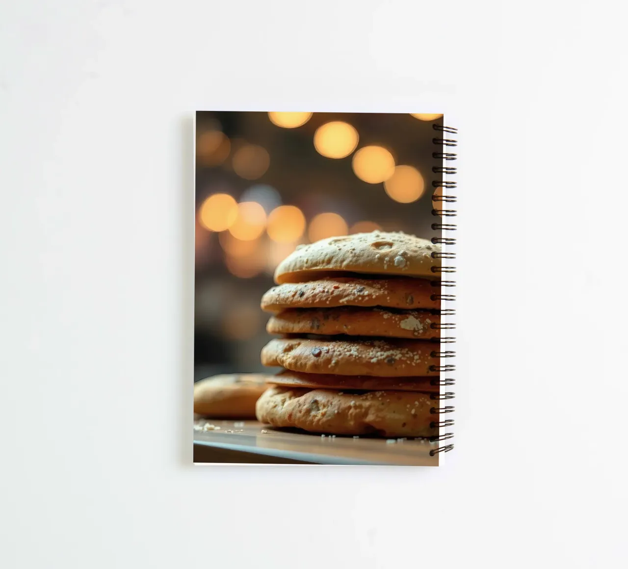 Freshly baked bread rolls stacked on a wooden surface spiral notebook by DesignDoodle
