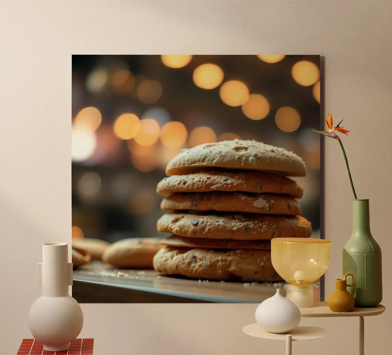 Freshly baked bread rolls stacked on a wooden surface alu-dibond by DesignDoodle