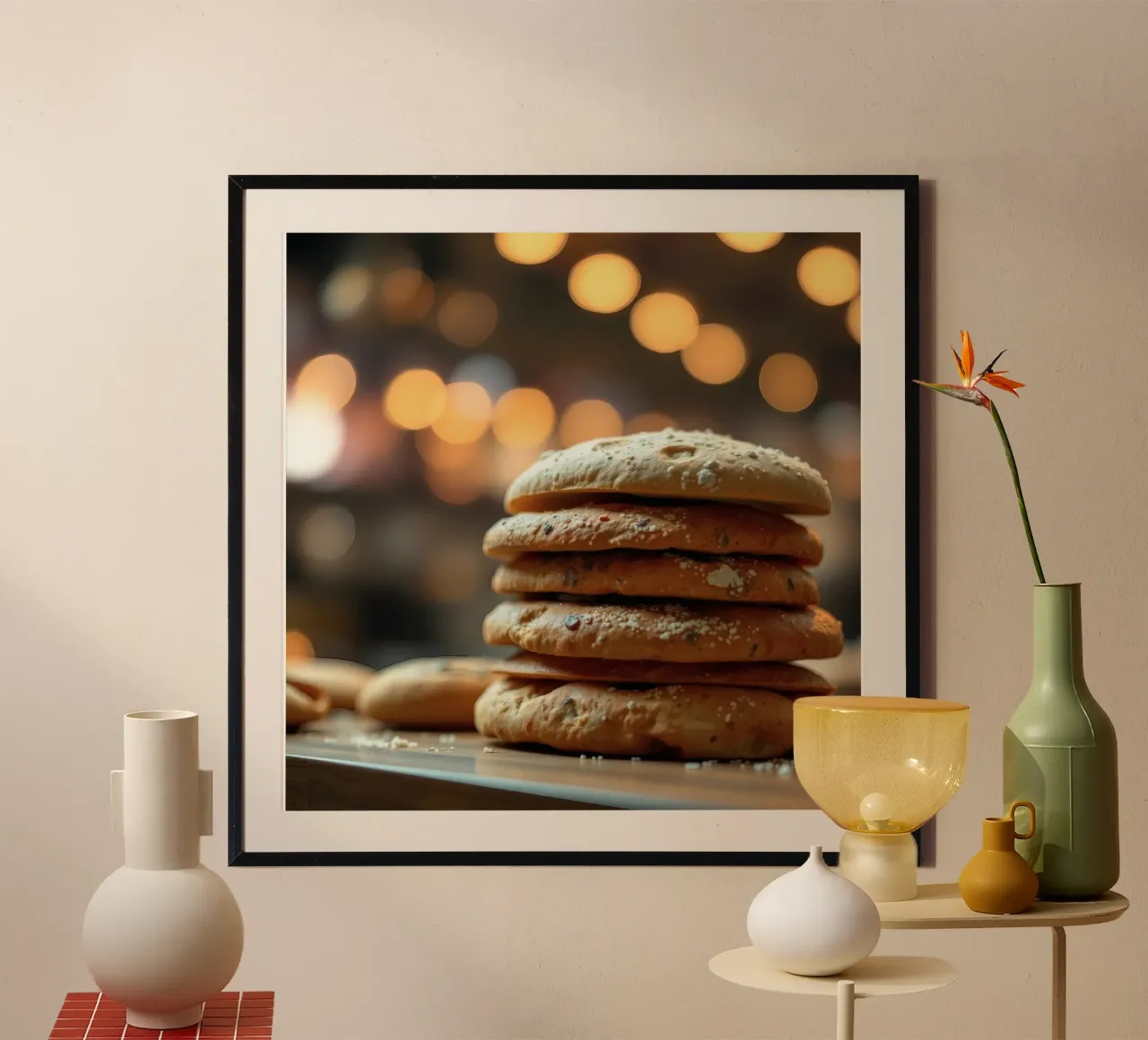 Freshly baked bread rolls stacked on a wooden surface poster by DesignDoodle