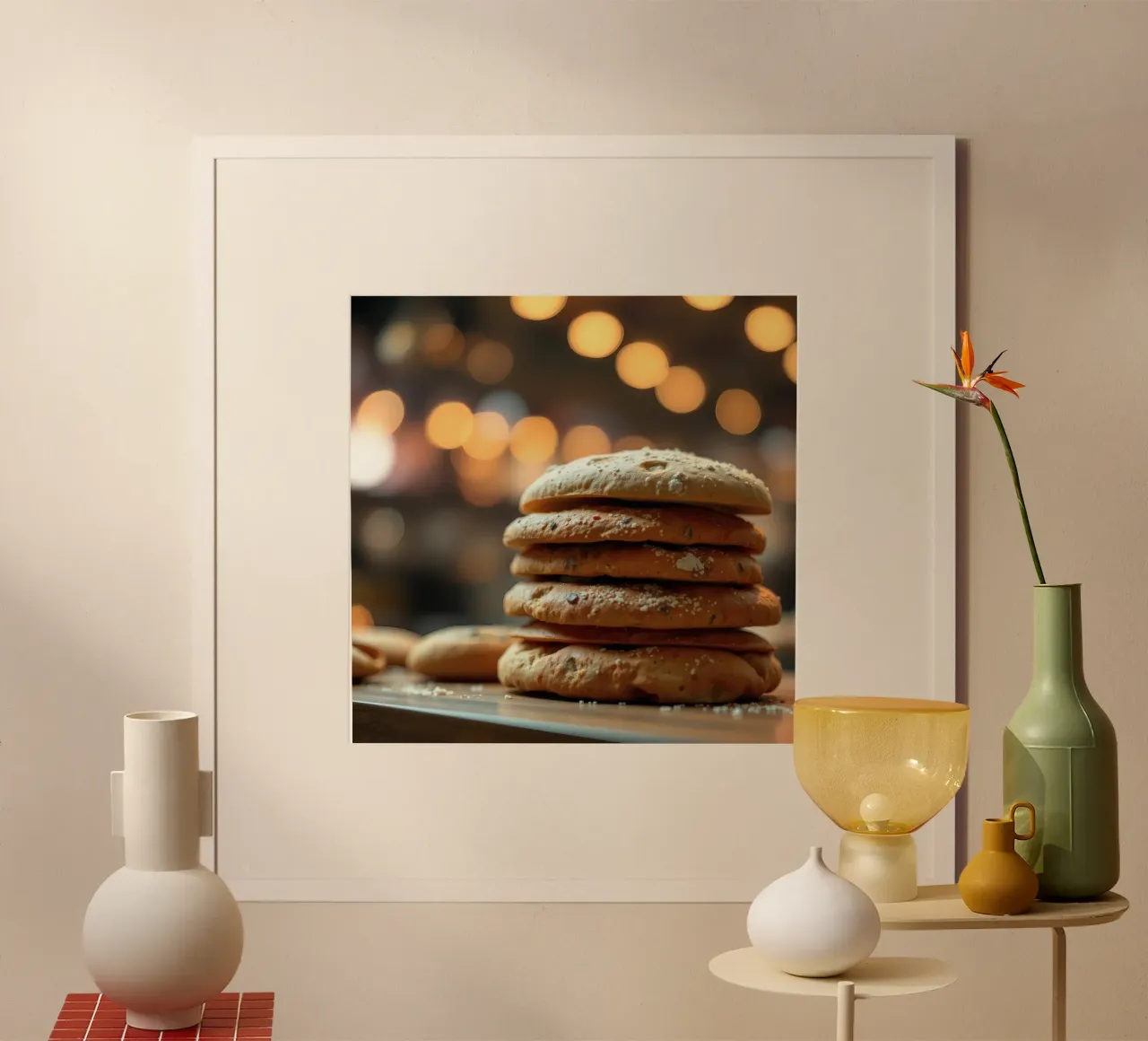 Freshly baked bread rolls stacked on a wooden surface poster by DesignDoodle