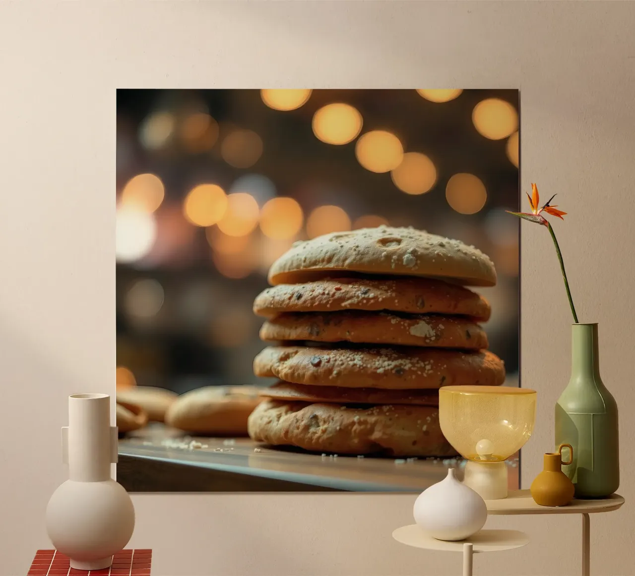 Freshly baked bread rolls stacked on a wooden surface poster by DesignDoodle