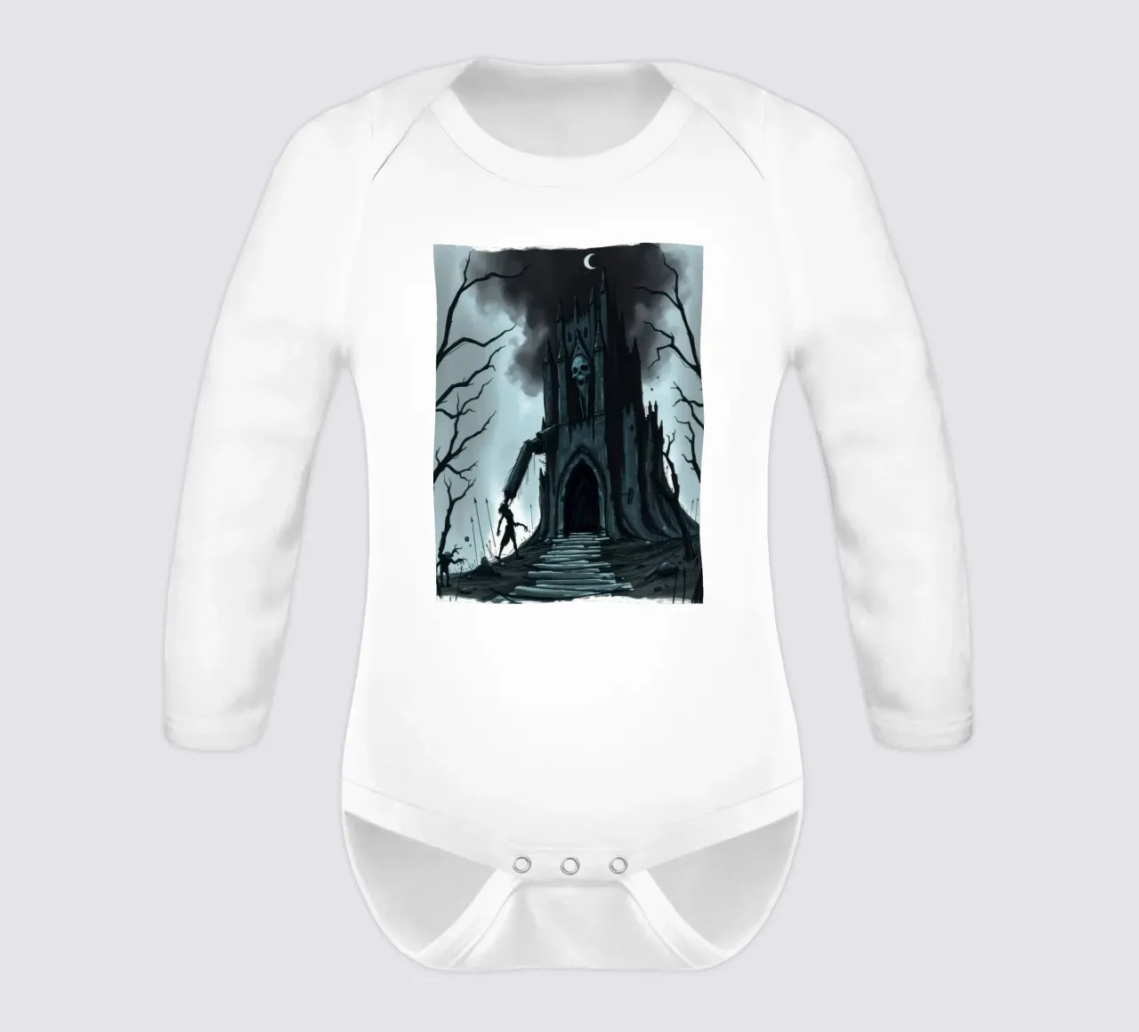 Un château sombre se profile de manière inquiétante avec une silhouette squelettique. body manches longues de DesignDoodle