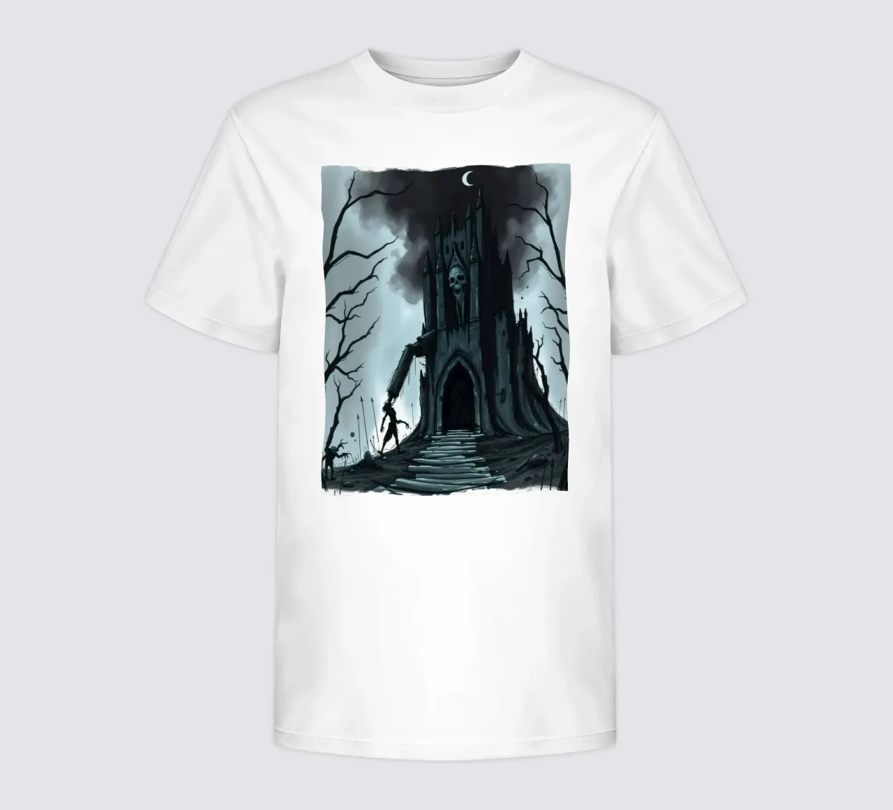 Dark castle looms ominously with skeletal figure kids t-shirt by DesignDoodle