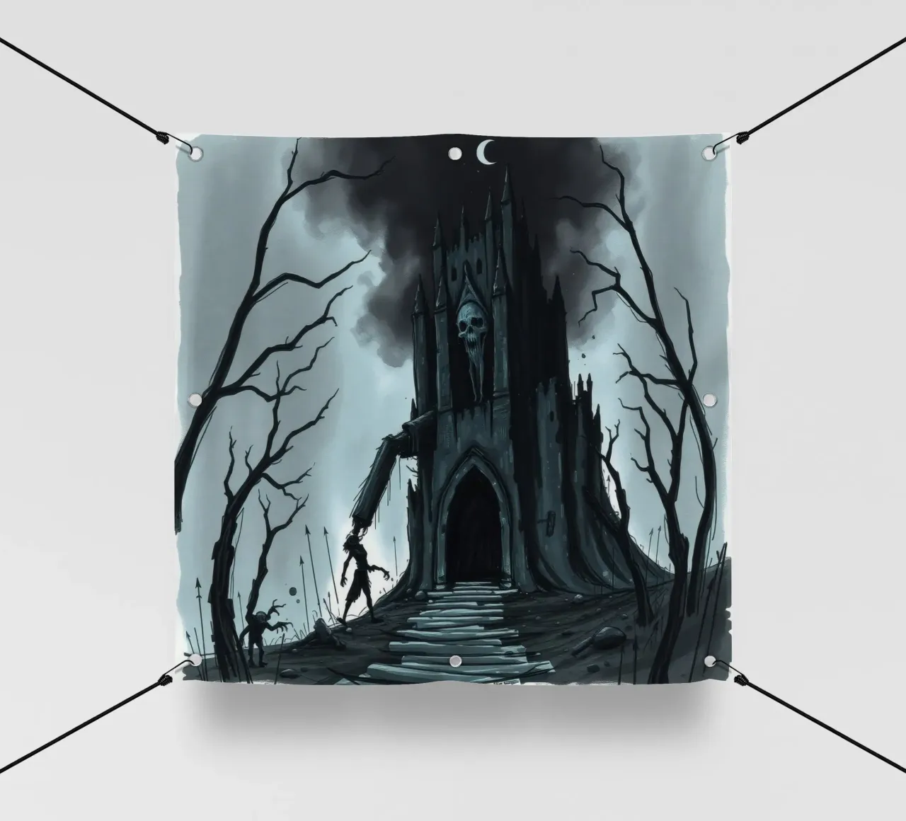 L'oscuro castello si profila minaccioso con una figura scheletrica telo in pvc da DesignDoodle