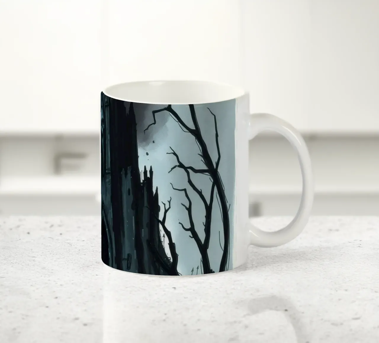 L'oscuro castello si profila minaccioso con una figura scheletrica tazza in ceramica da DesignDoodle