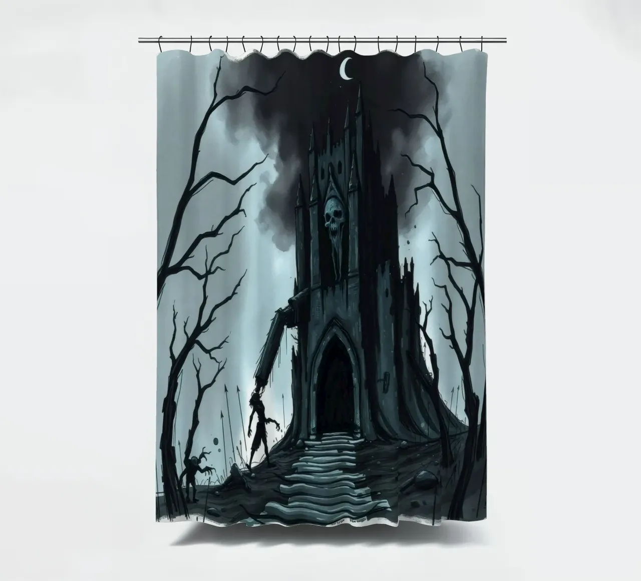 L'oscuro castello si profila minaccioso con una figura scheletrica tenda da doccia da DesignDoodle