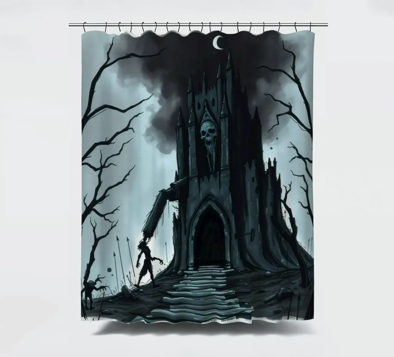 L'oscuro castello si profila minaccioso con una figura scheletrica tenda da doccia da DesignDoodle