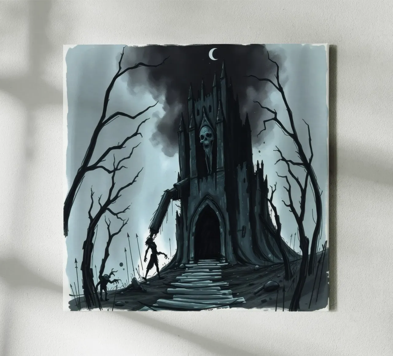 L'oscuro castello si profila minaccioso con una figura scheletrica tela con Cornice a cassetta da DesignDoodle