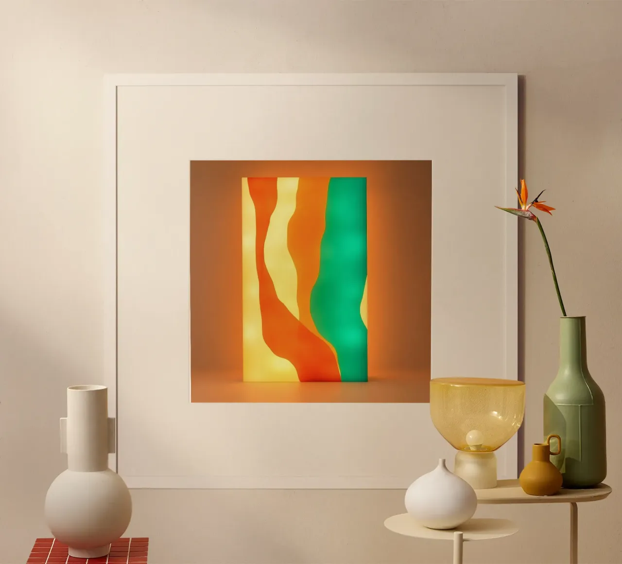 Pannello luminoso astratto dai colori vivaci che illumina una calda poster con telaio in plastica da DesignDoodle