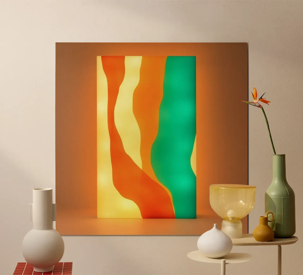 Pannello luminoso astratto dai colori vivaci che illumina una calda poster con telaio in plastica da DesignDoodle
