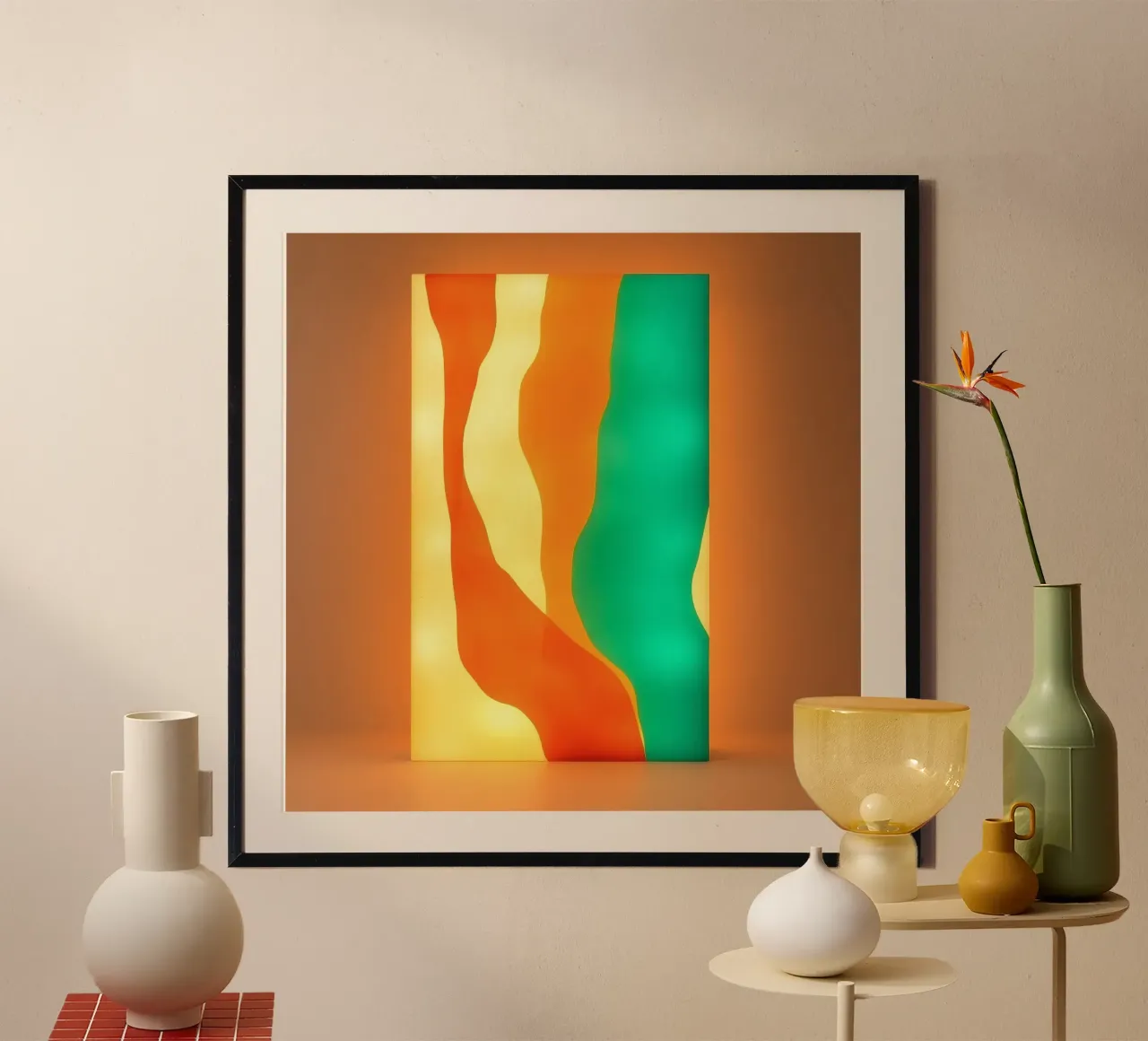 Pannello luminoso astratto dai colori vivaci che illumina una calda poster con telaio in plastica da DesignDoodle