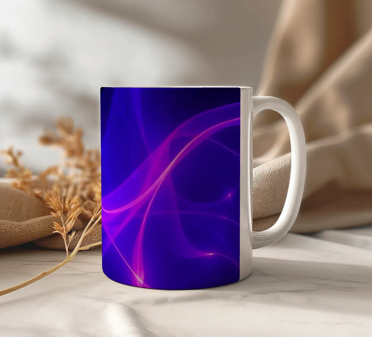 purple light waves create a mesmerizing abstract design ceramic mug by DesignDoodle