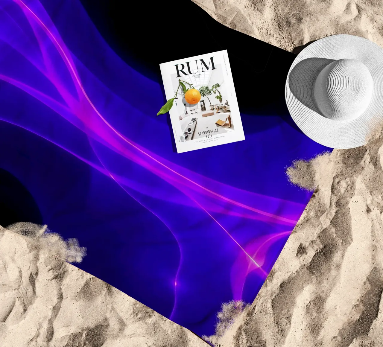 purple light waves create a mesmerizing abstract design beach towel by DesignDoodle