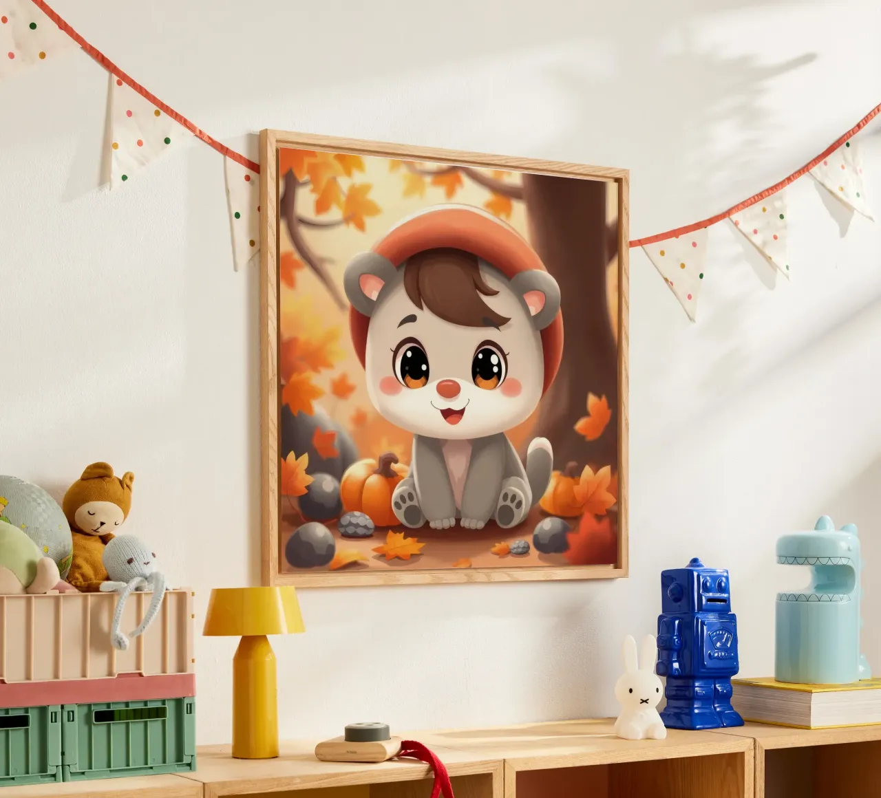 Un simpatico personaggio dei cartoni animati siede tra foglie e zucche autunnali plexiglass da DesignDoodle