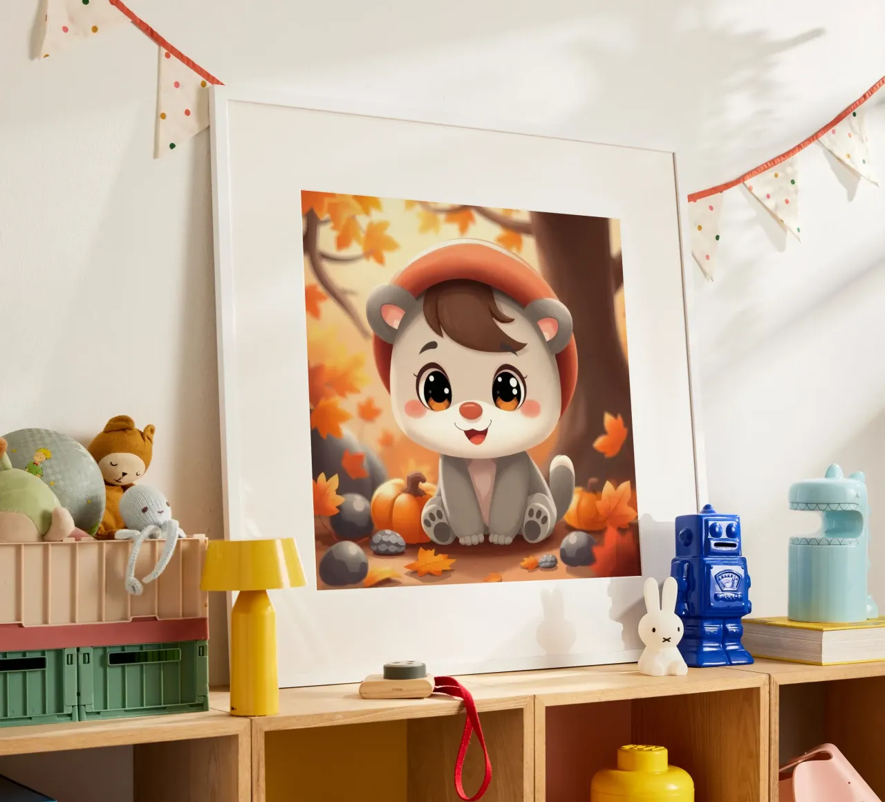Un simpatico personaggio dei cartoni animati siede tra foglie e zucche autunnali carta hahnemühle da DesignDoodle