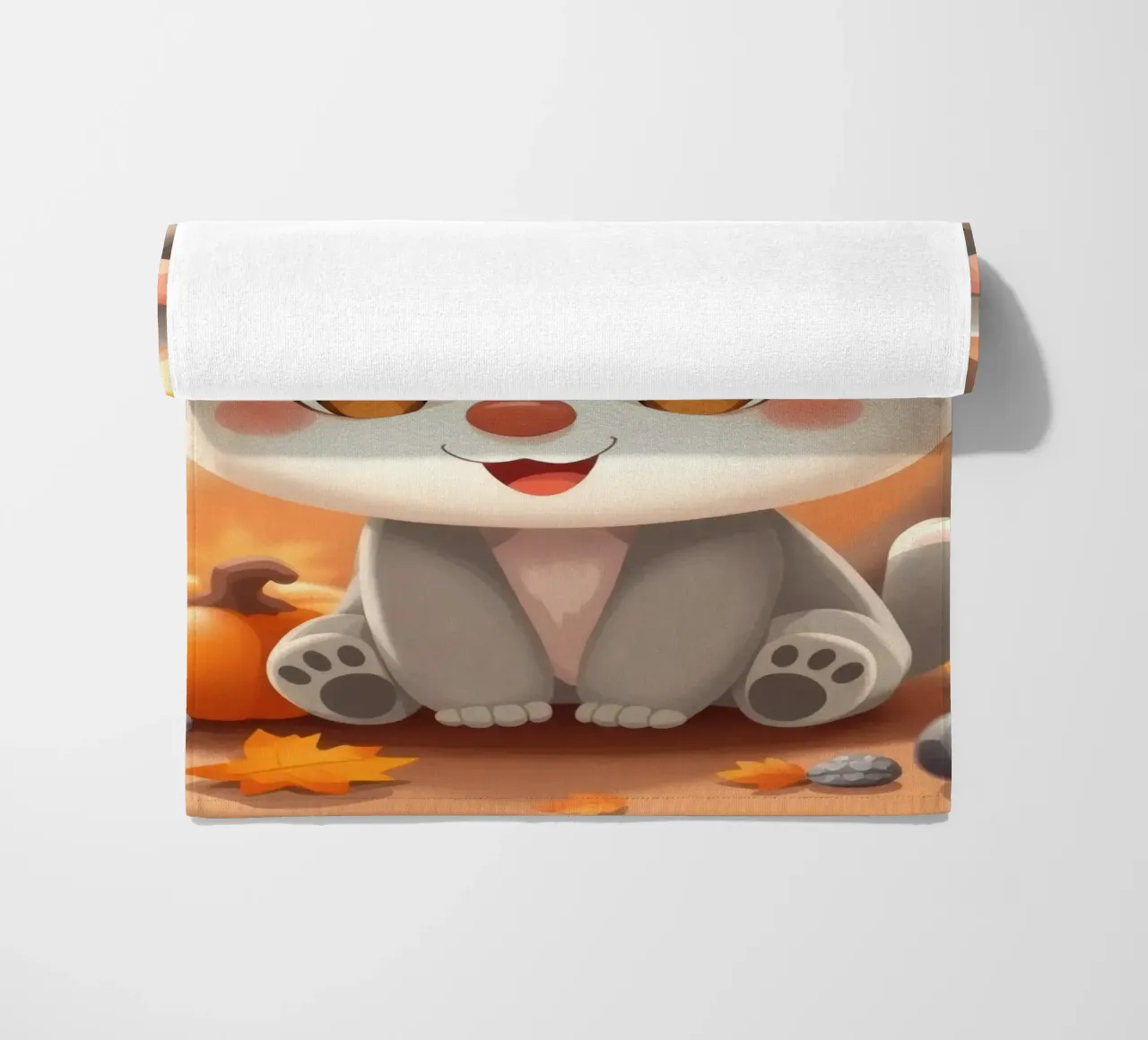 Cute cartoon character sits among autumn leaves and pumpkins beach towel by DesignDoodle