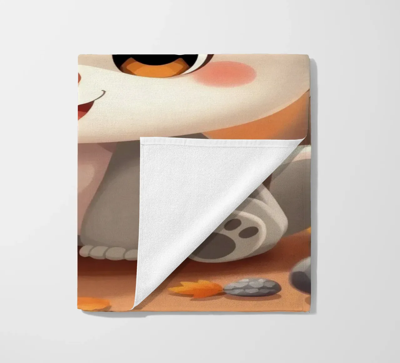 Cute cartoon character sits among autumn leaves and pumpkins beach towel by DesignDoodle