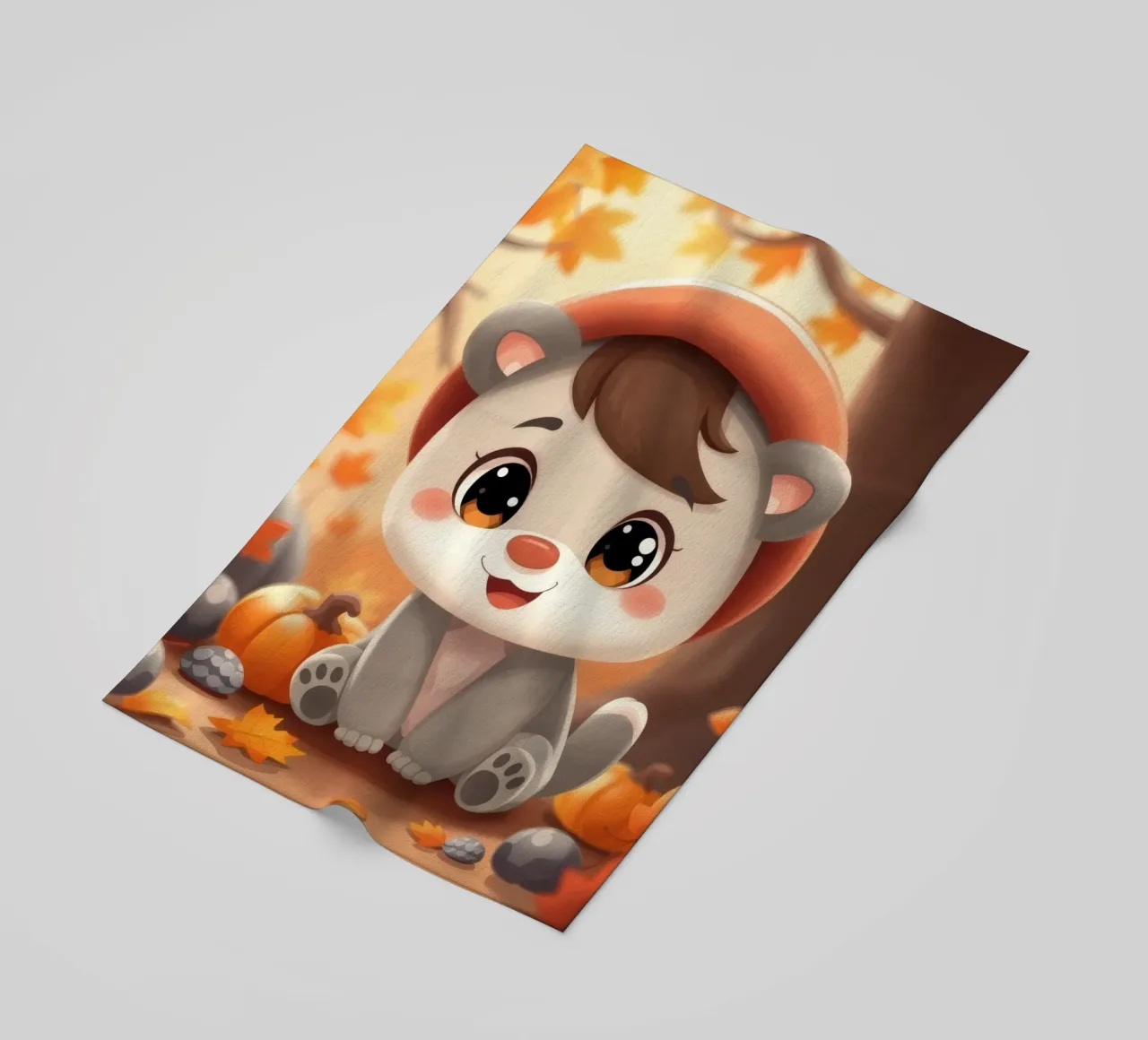 Cute cartoon character sits among autumn leaves and pumpkins beach towel by DesignDoodle