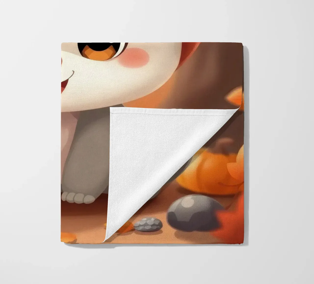 Cute cartoon character sits among autumn leaves and pumpkins beach towel by DesignDoodle