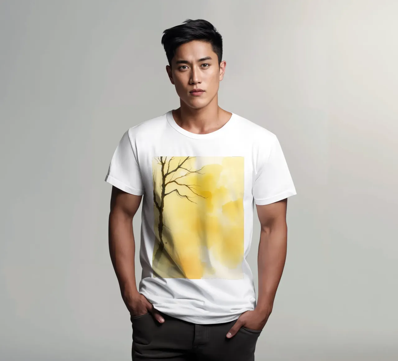 arbre sur un fond jaune chaud dans une aquarelle d'art t-shirt de DesignDoodle