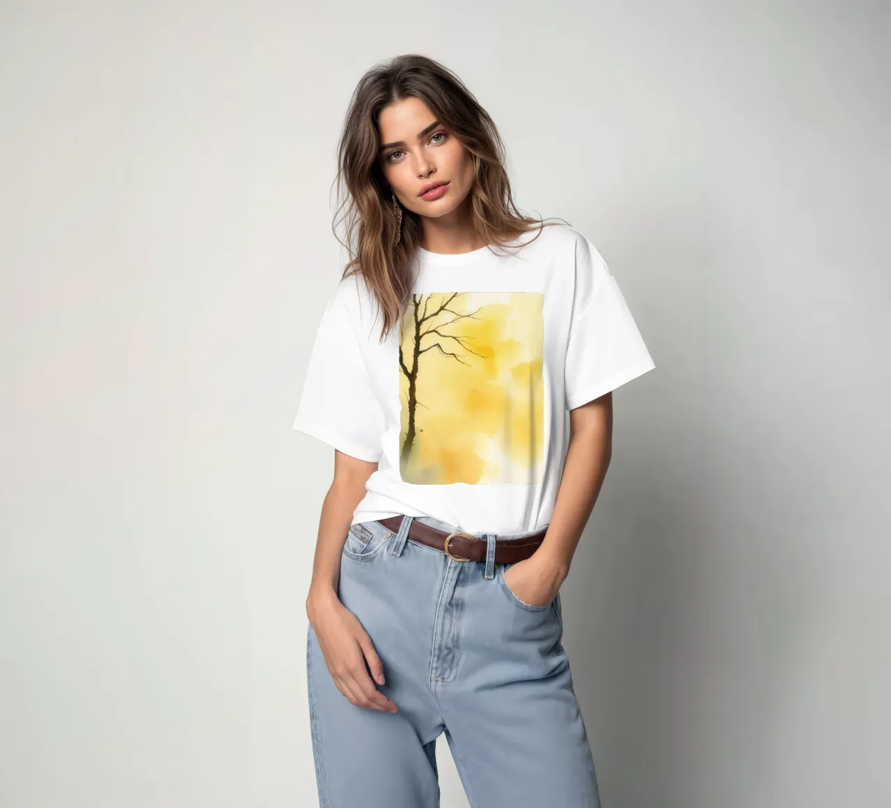 arbre sur un fond jaune chaud dans une aquarelle d'art t-shirt de DesignDoodle
