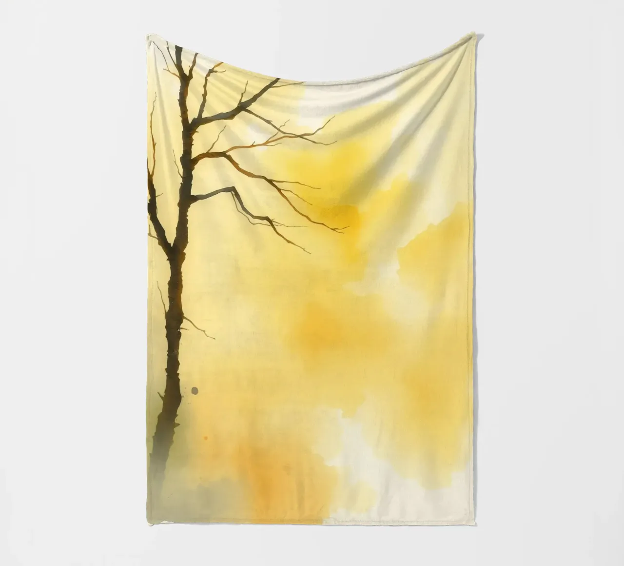 tree against a warm yellow background in a watercolor art fleece blanket by DesignDoodle