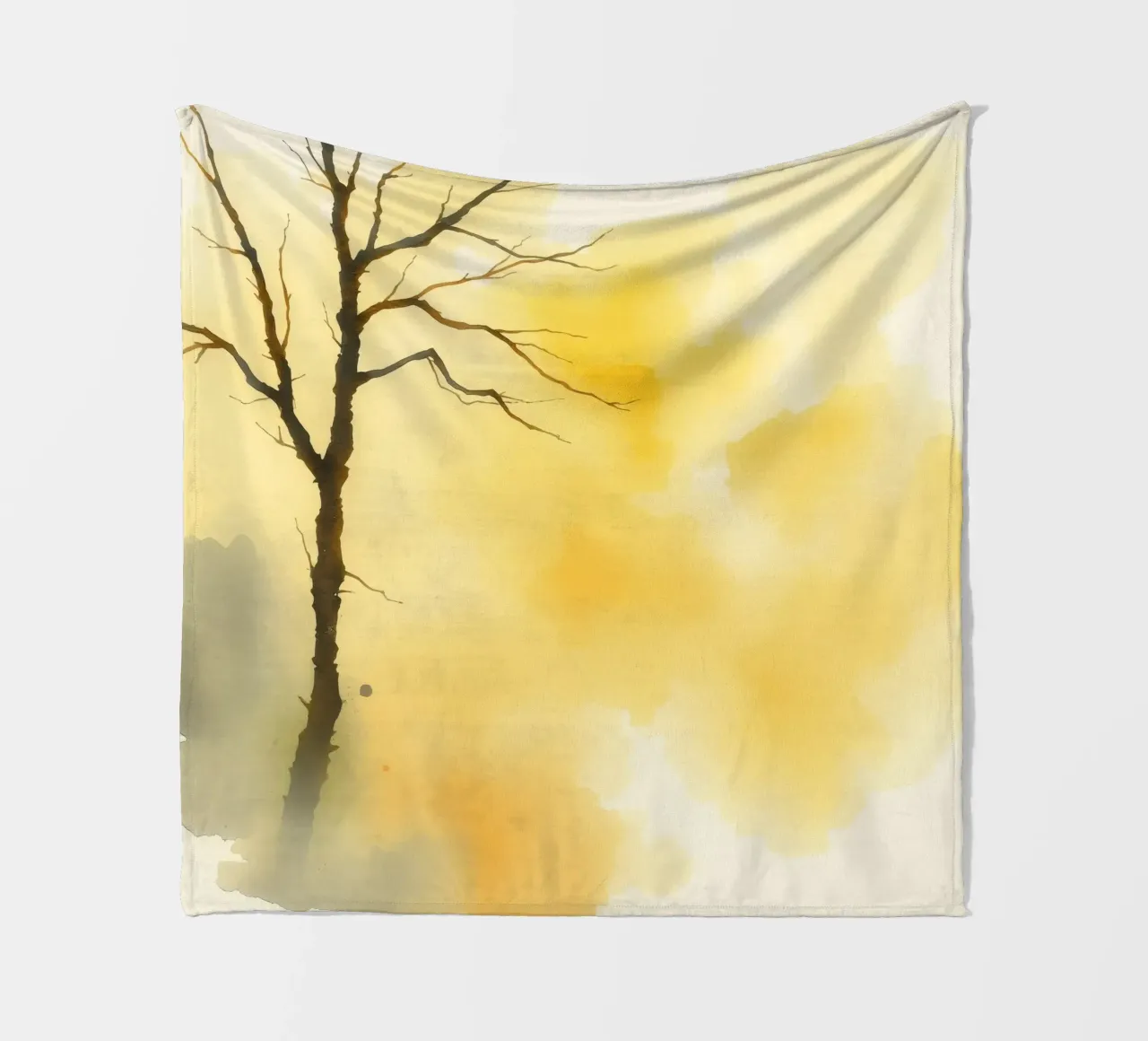 tree against a warm yellow background in a watercolor art fleece blanket by DesignDoodle