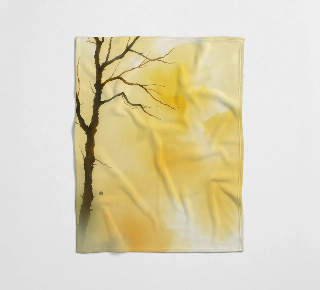 tree against a warm yellow background in a watercolor art fleece blanket by DesignDoodle