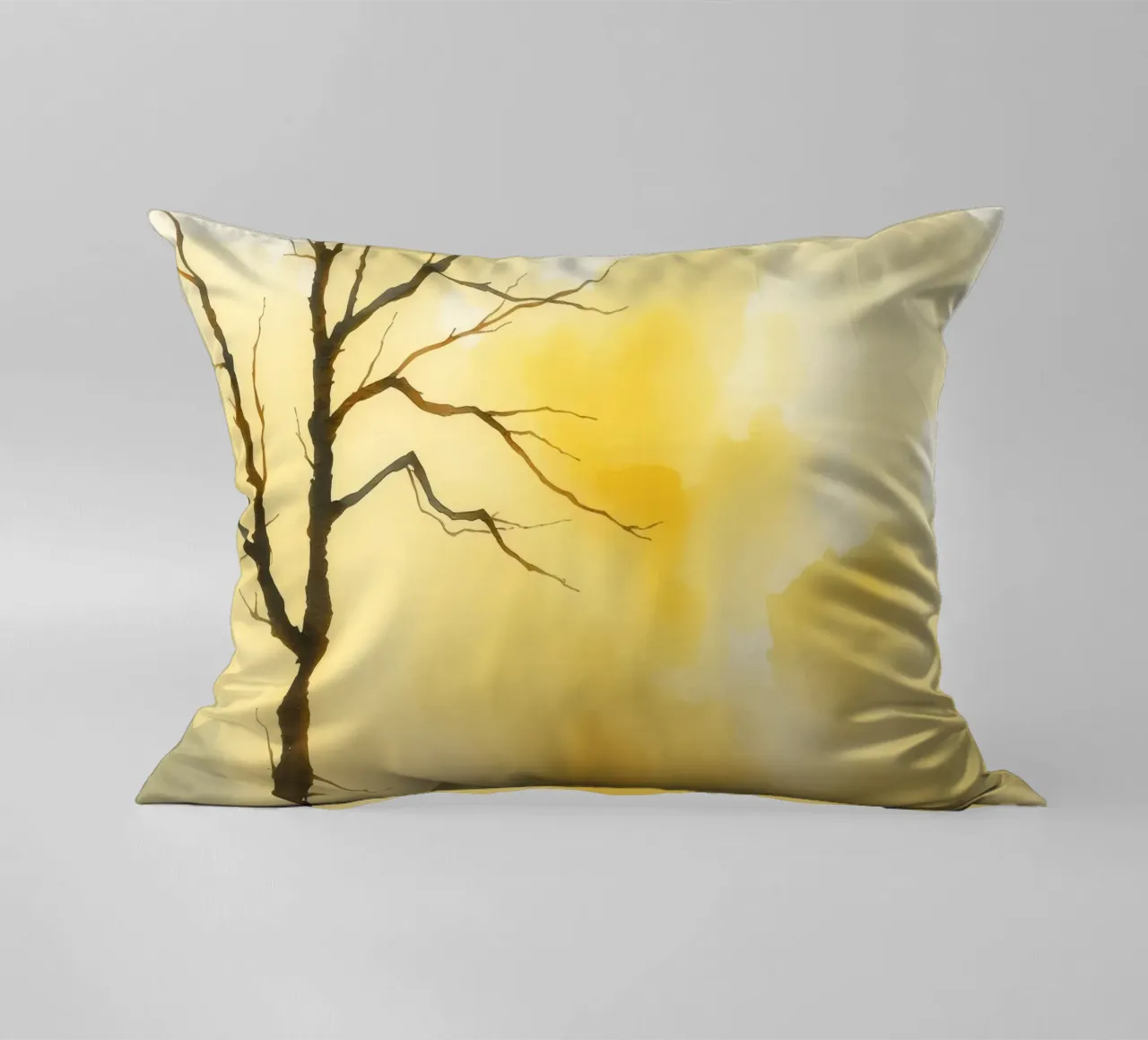 albero su uno sfondo giallo caldo in un acquerello d'arte cuscino da DesignDoodle