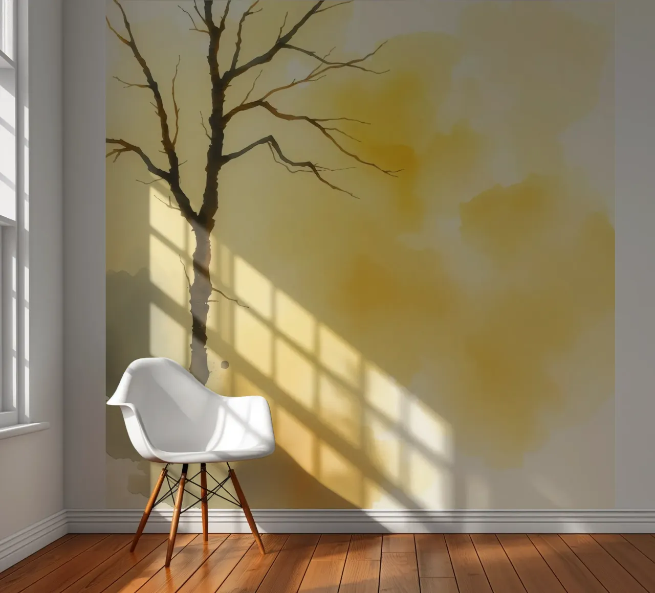 arbre sur un fond jaune chaud dans une aquarelle d'art papier peint photo de DesignDoodle