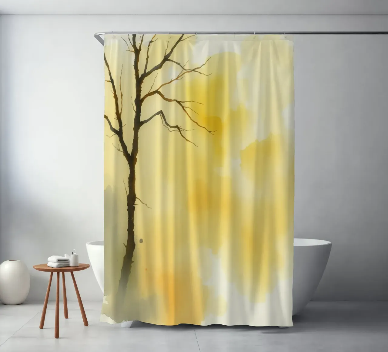 tree against a warm yellow background in a watercolor art shower curtain by DesignDoodle