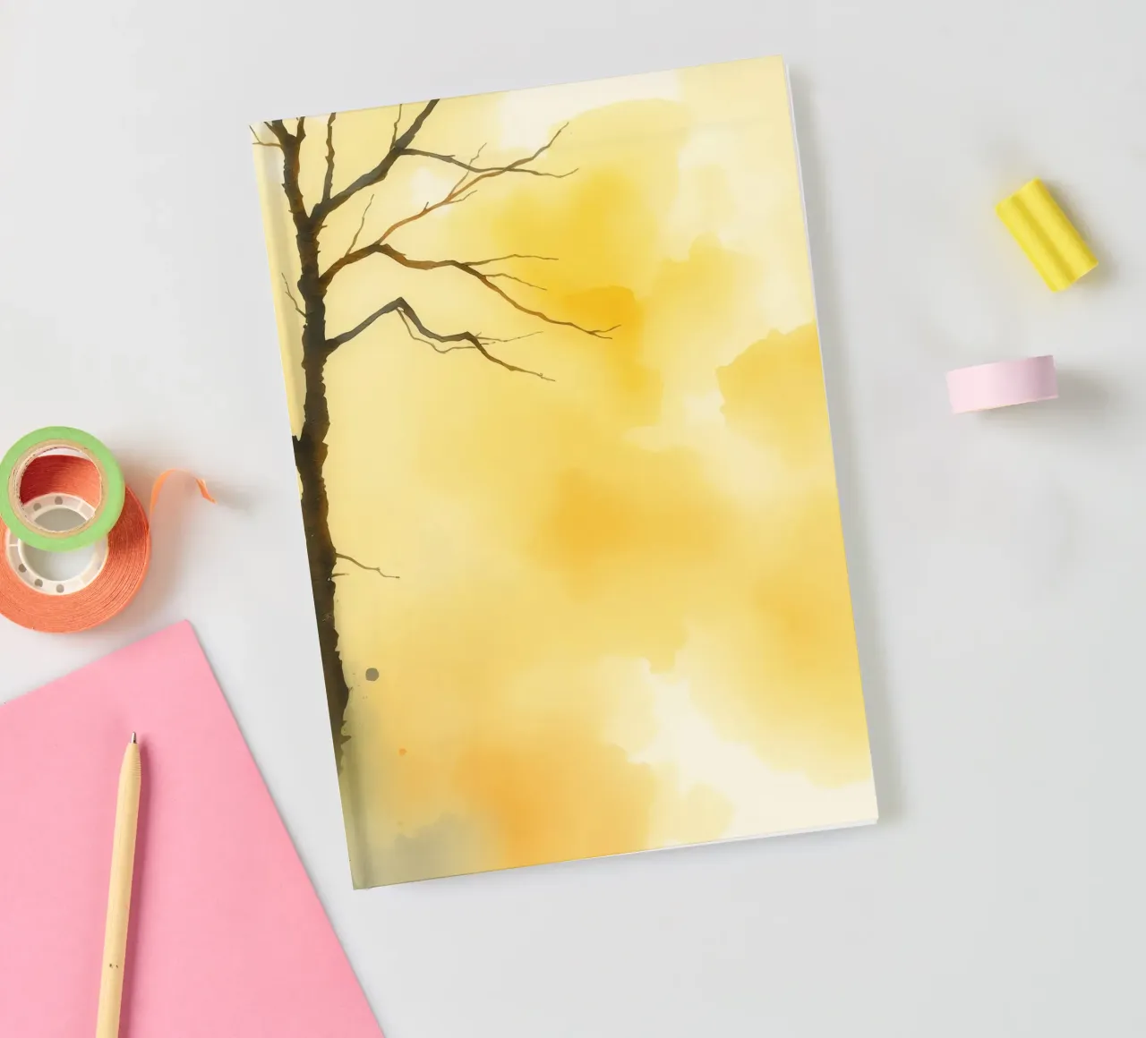 albero su uno sfondo giallo caldo in un acquerello d'arte diario da DesignDoodle