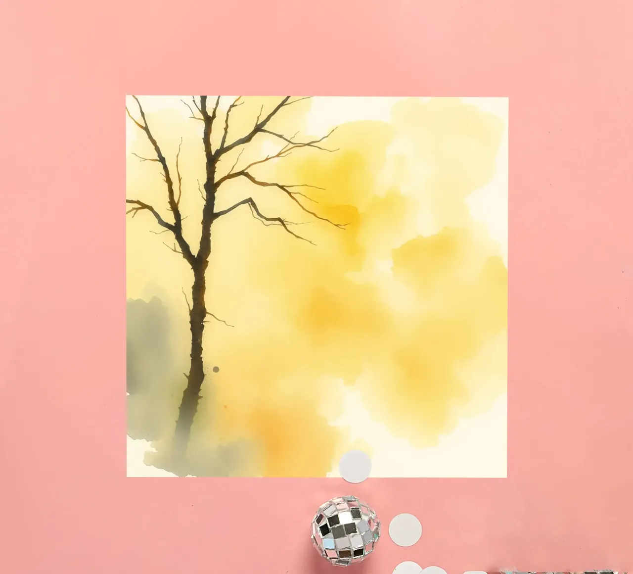arbre sur un fond jaune chaud dans une aquarelle d'art autocollant de DesignDoodle