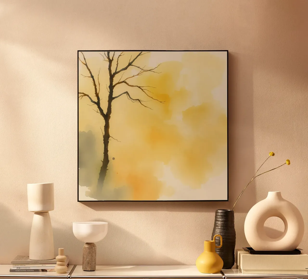 tree against a warm yellow background in a watercolor art alu-dibond by DesignDoodle