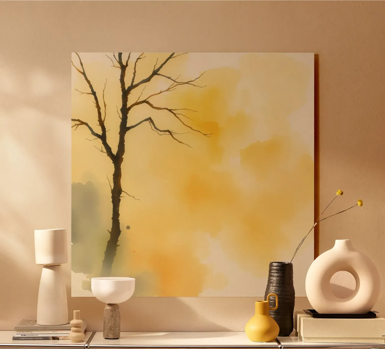 tree against a warm yellow background in a watercolor art alu-dibond by DesignDoodle