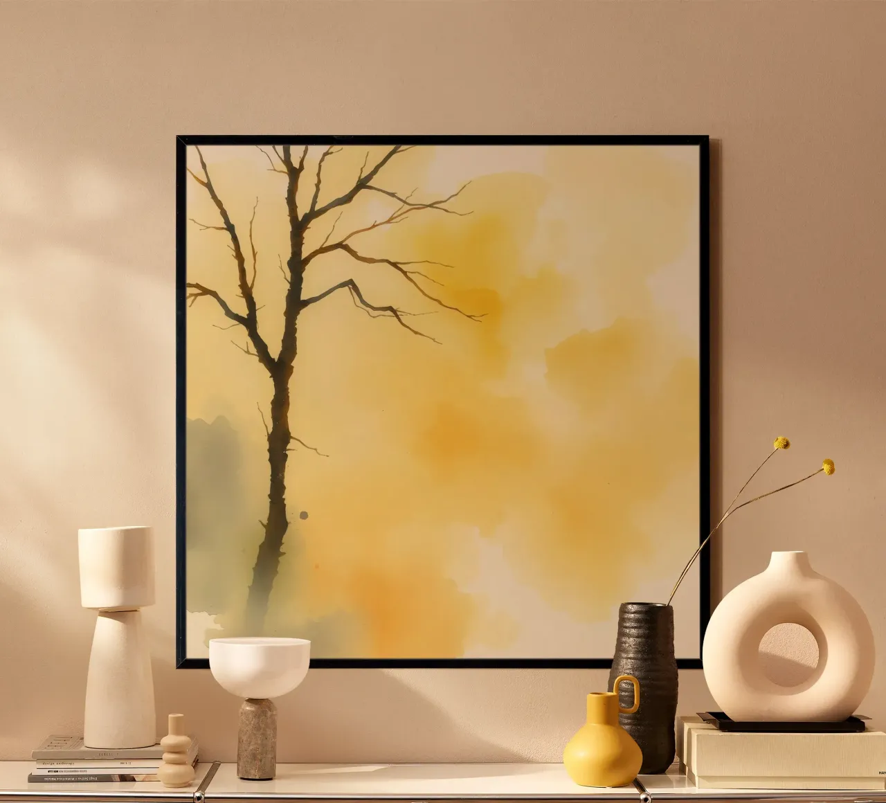 arbre sur un fond jaune chaud dans une aquarelle d'art hahnemühle de DesignDoodle