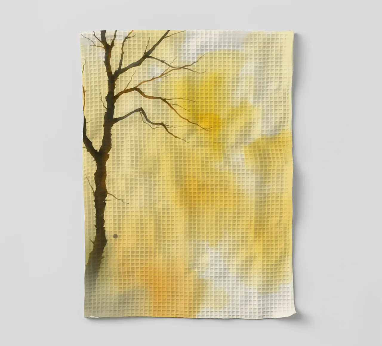 arbre sur un fond jaune chaud dans une aquarelle d'art torchon de DesignDoodle