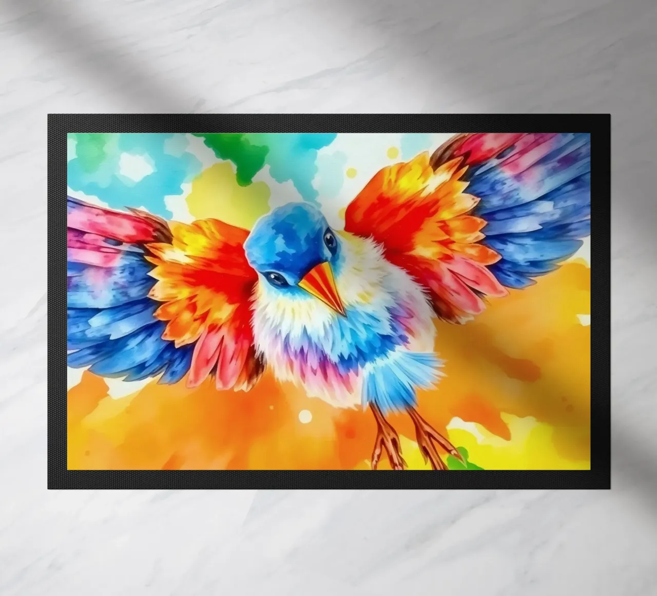 Uccello colorato in volo con ali vibranti e colori vivaci zerbino da DesignDoodle