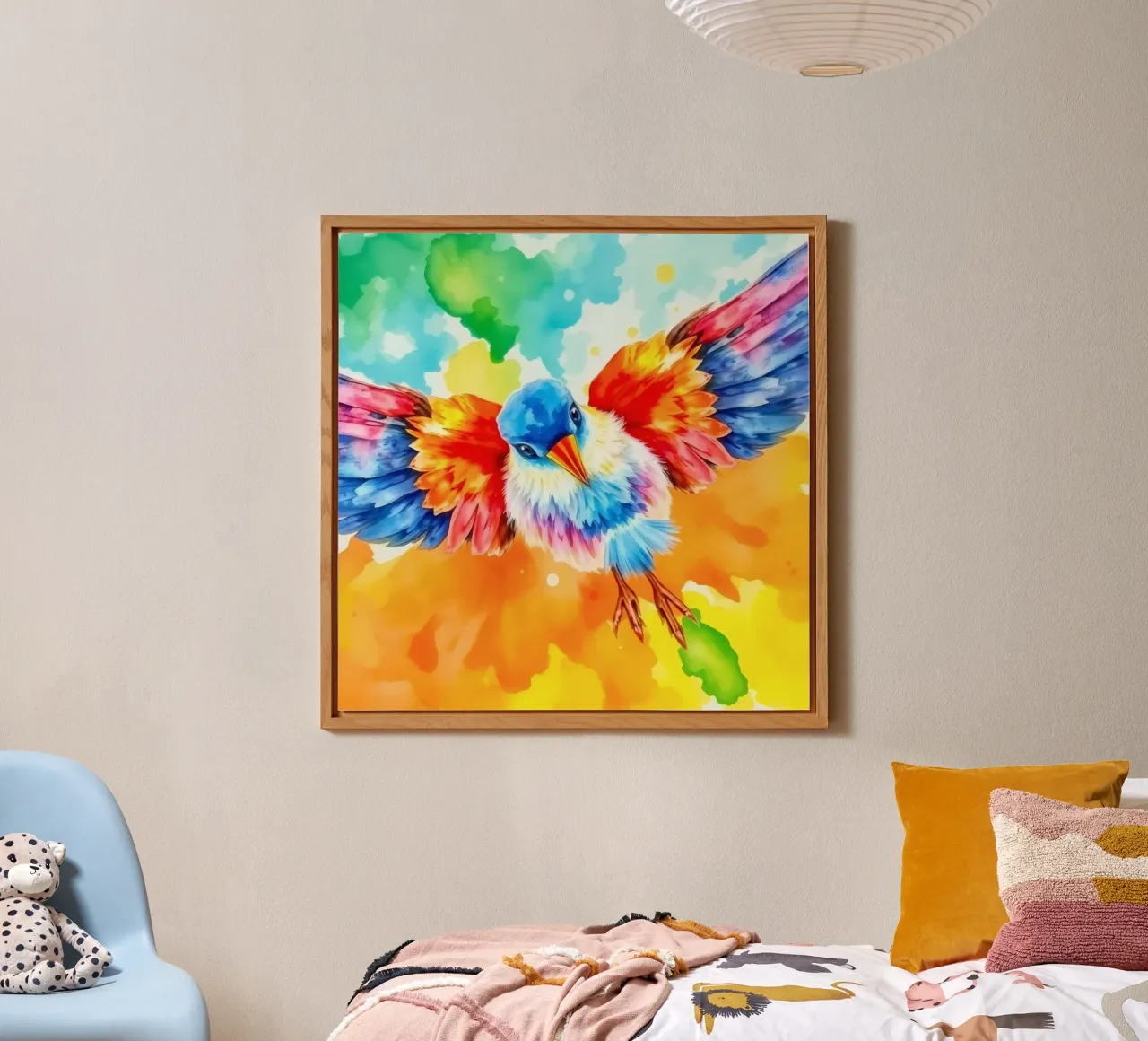 Uccello colorato in volo con ali vibranti e colori vivaci alluminio dibond da DesignDoodle