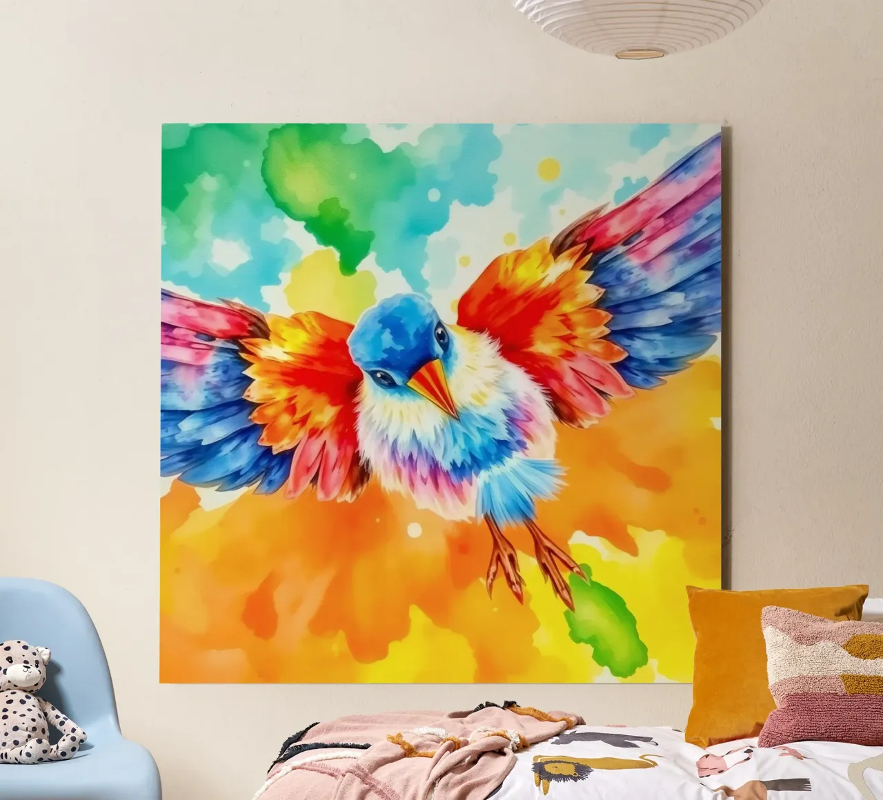 Uccello colorato in volo con ali vibranti e colori vivaci alluminio dibond da DesignDoodle