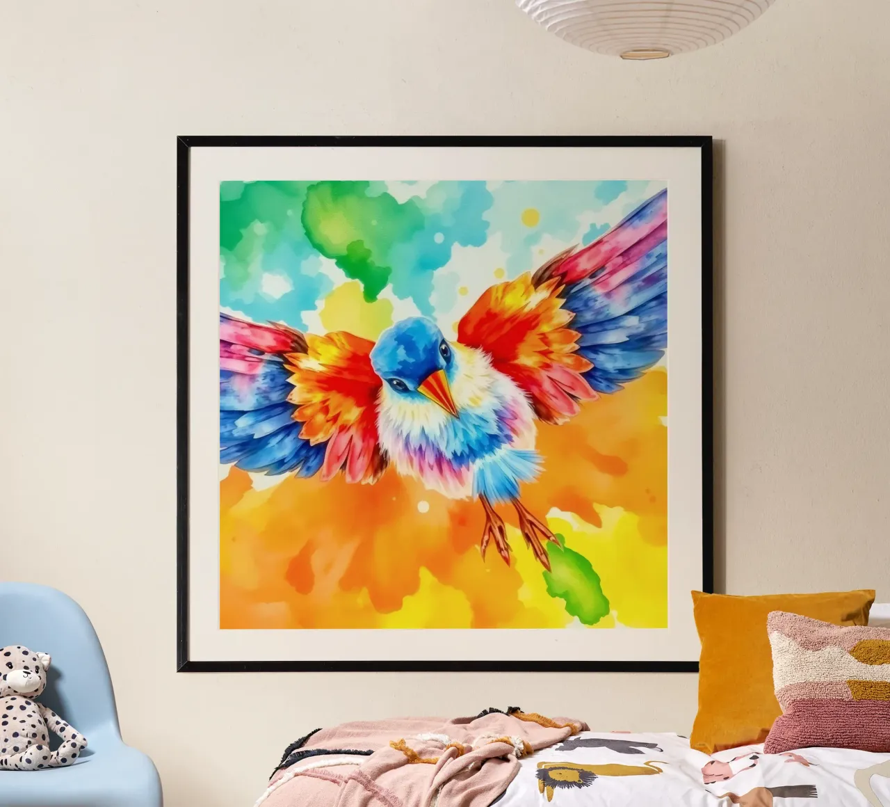 Uccello colorato in volo con ali vibranti e colori vivaci poster da DesignDoodle