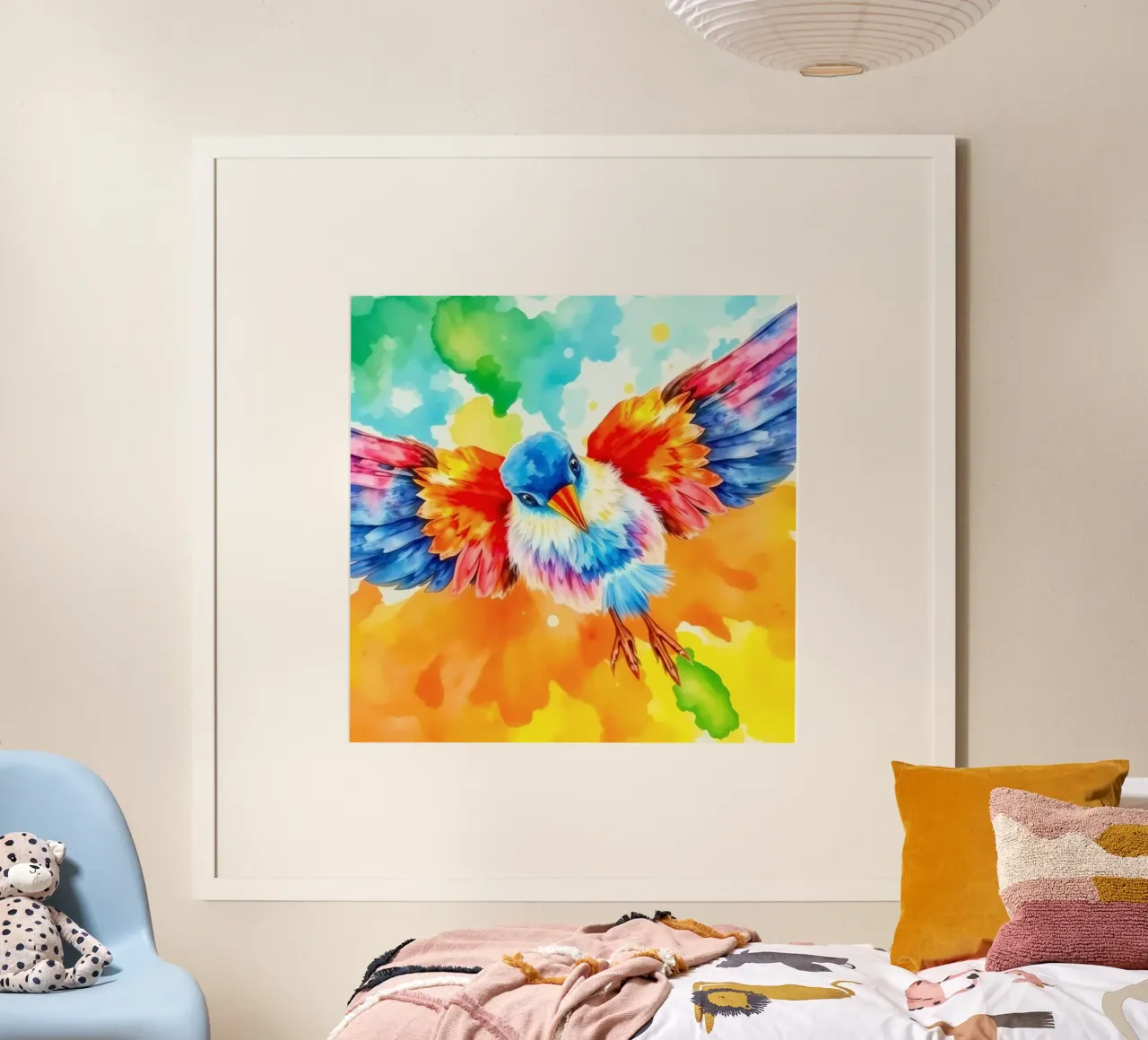 Uccello colorato in volo con ali vibranti e colori vivaci poster da DesignDoodle