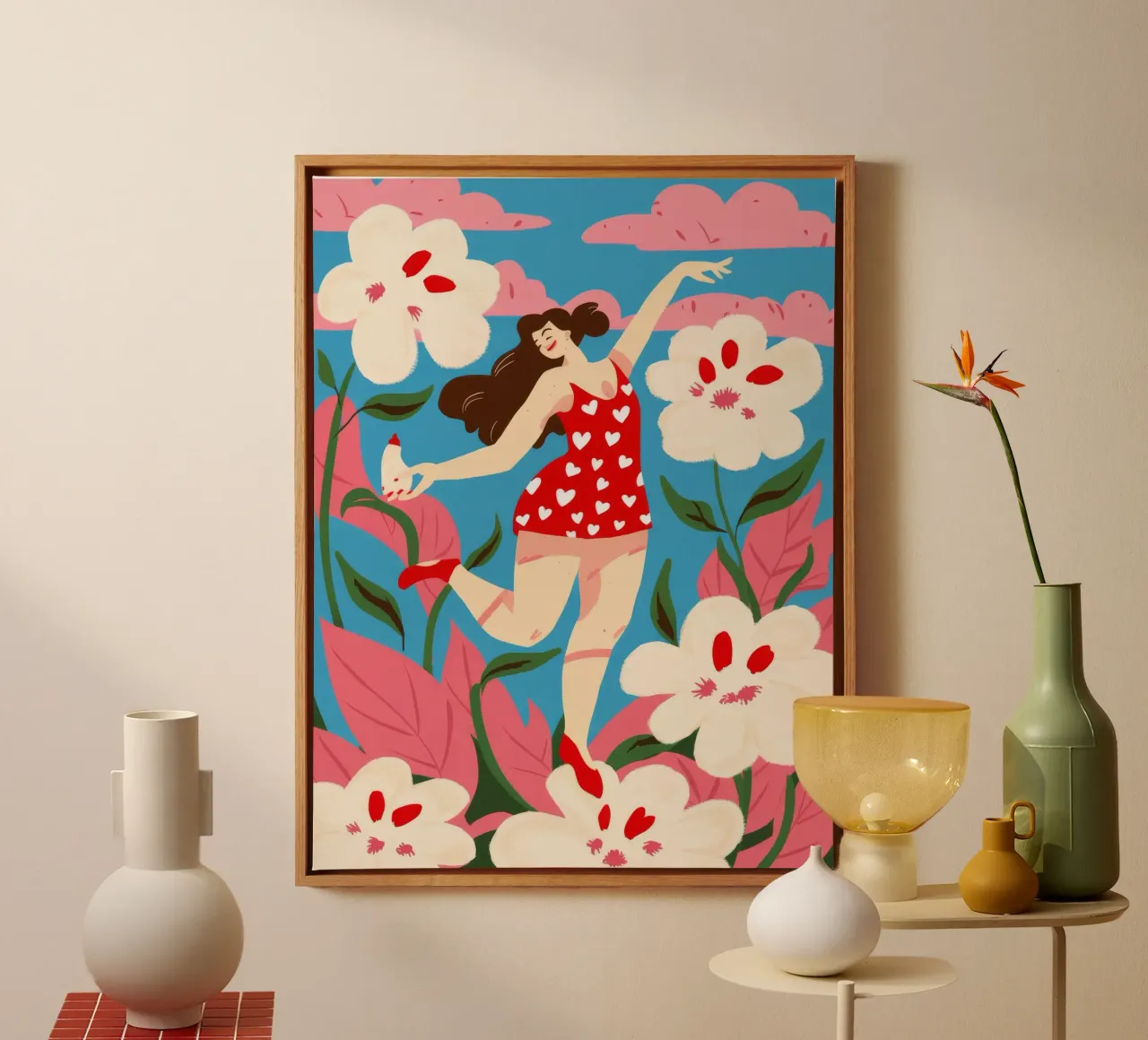 Vreugdevolle bloemendans canvas met Baklijst van Ivory Frame
