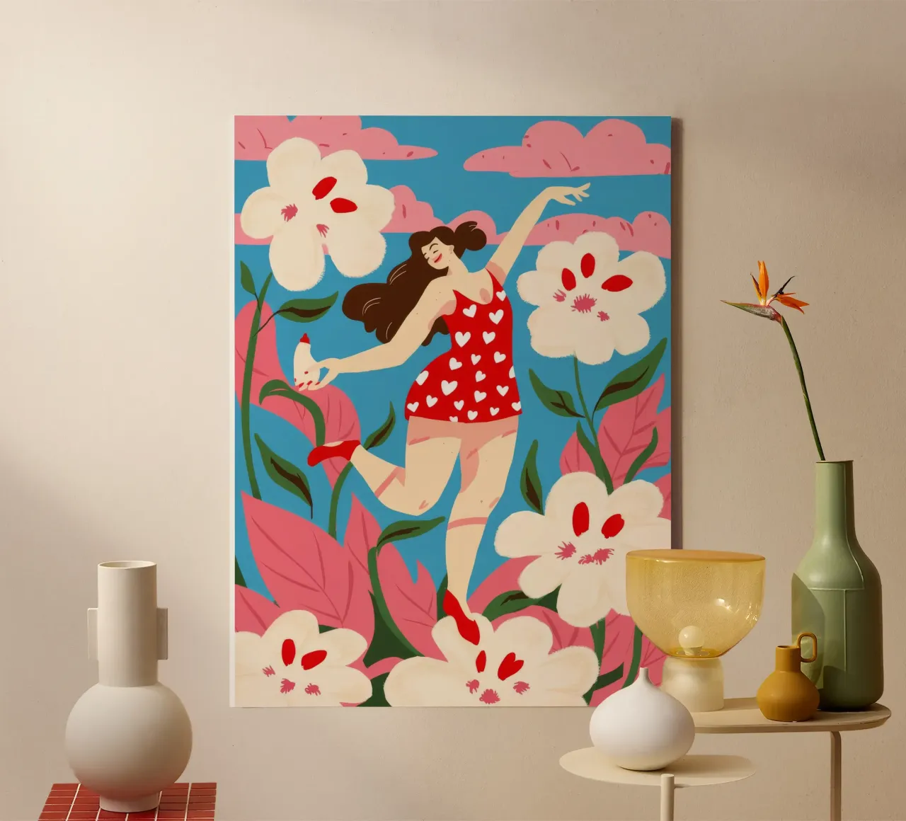Vreugdevolle bloemendans canvas met Baklijst van Ivory Frame